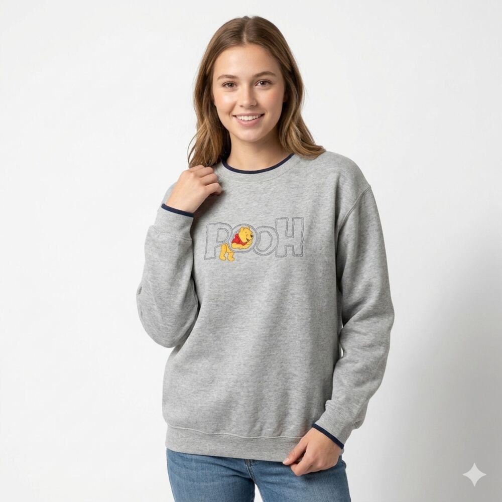 Vintage Disney Winnie The Pooh Embroidered Sweatshirt - Grey & Navy - Large